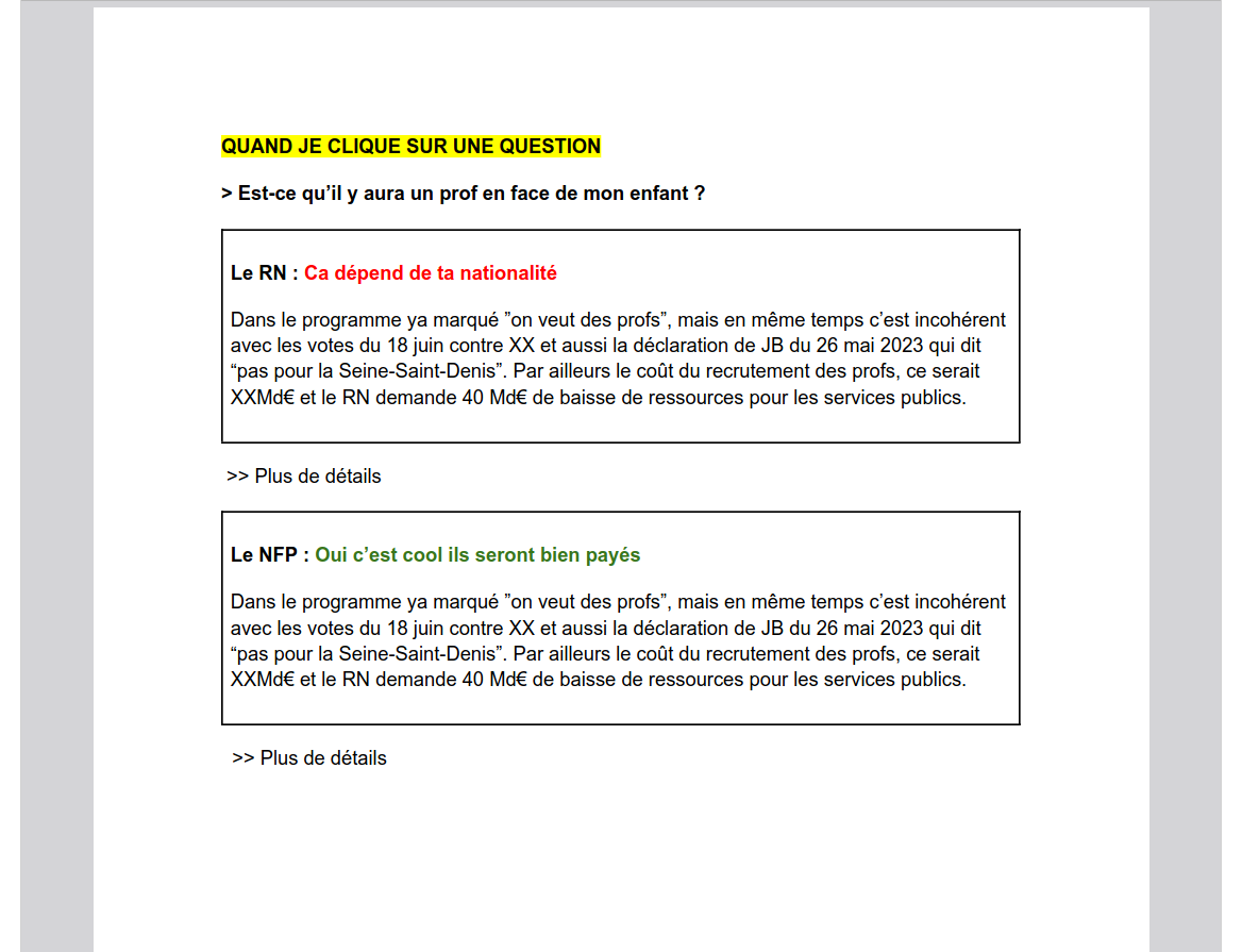 Maquette de la page d&rsquo;une question